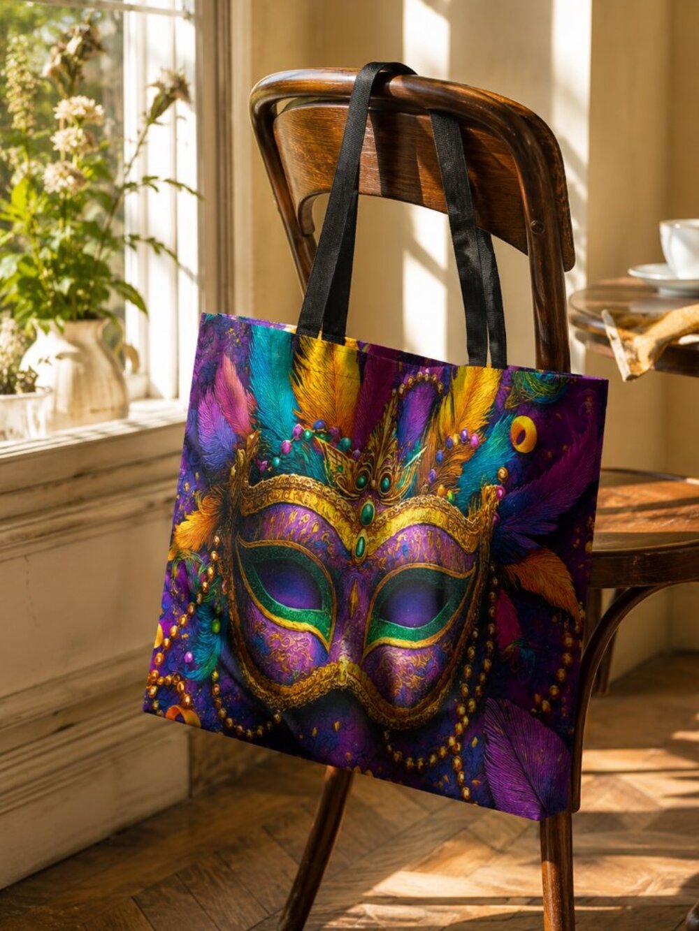 Mardi Gras Mask Art Tote Bag 14x16 Colorful Statement Resort Carryall NIB - Picture 10 of 11